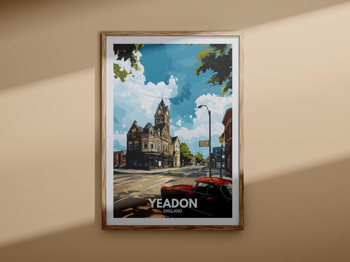Yeadon England Clock Tower Red Classic Car Vintage Travel Poster - Image 3