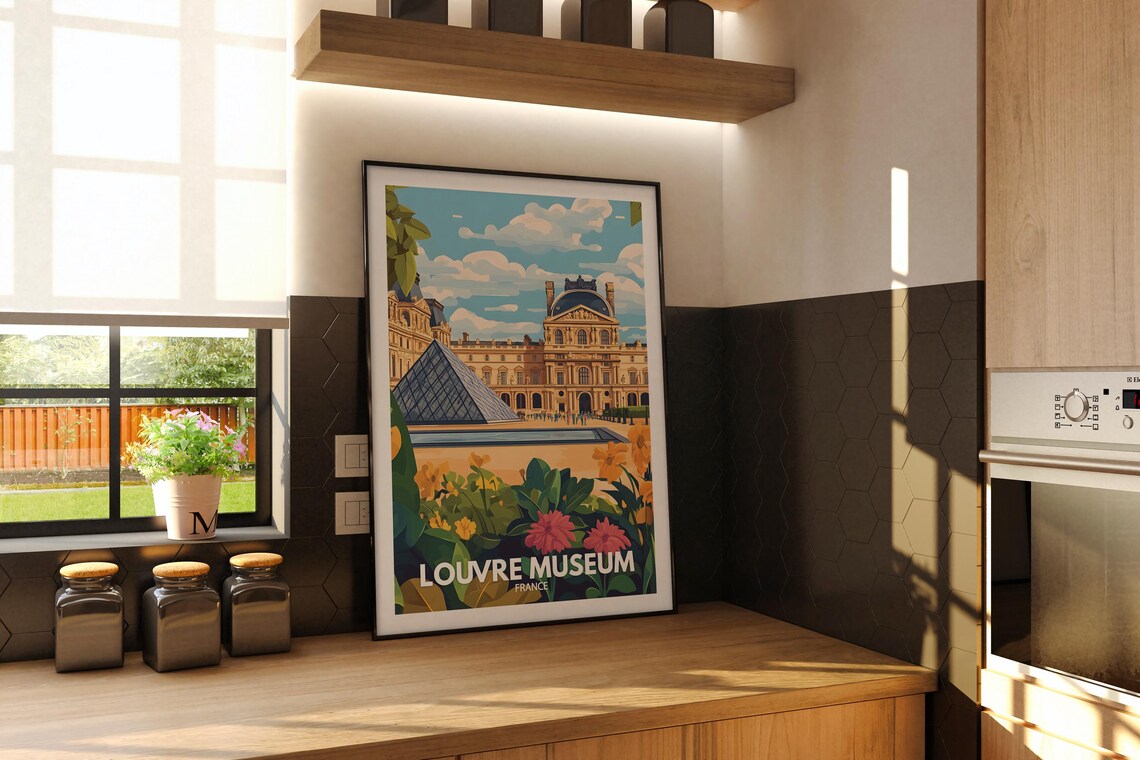 Louvre Museum Paris France Glass Pyramid Palace Travel Art Poster - Image 2