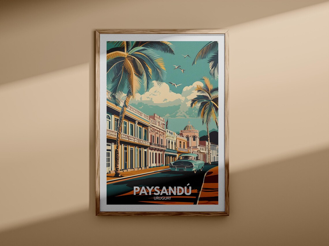 Paysandu Uruguay Colonial Street Vintage Car Travel Art Poster - Image 3