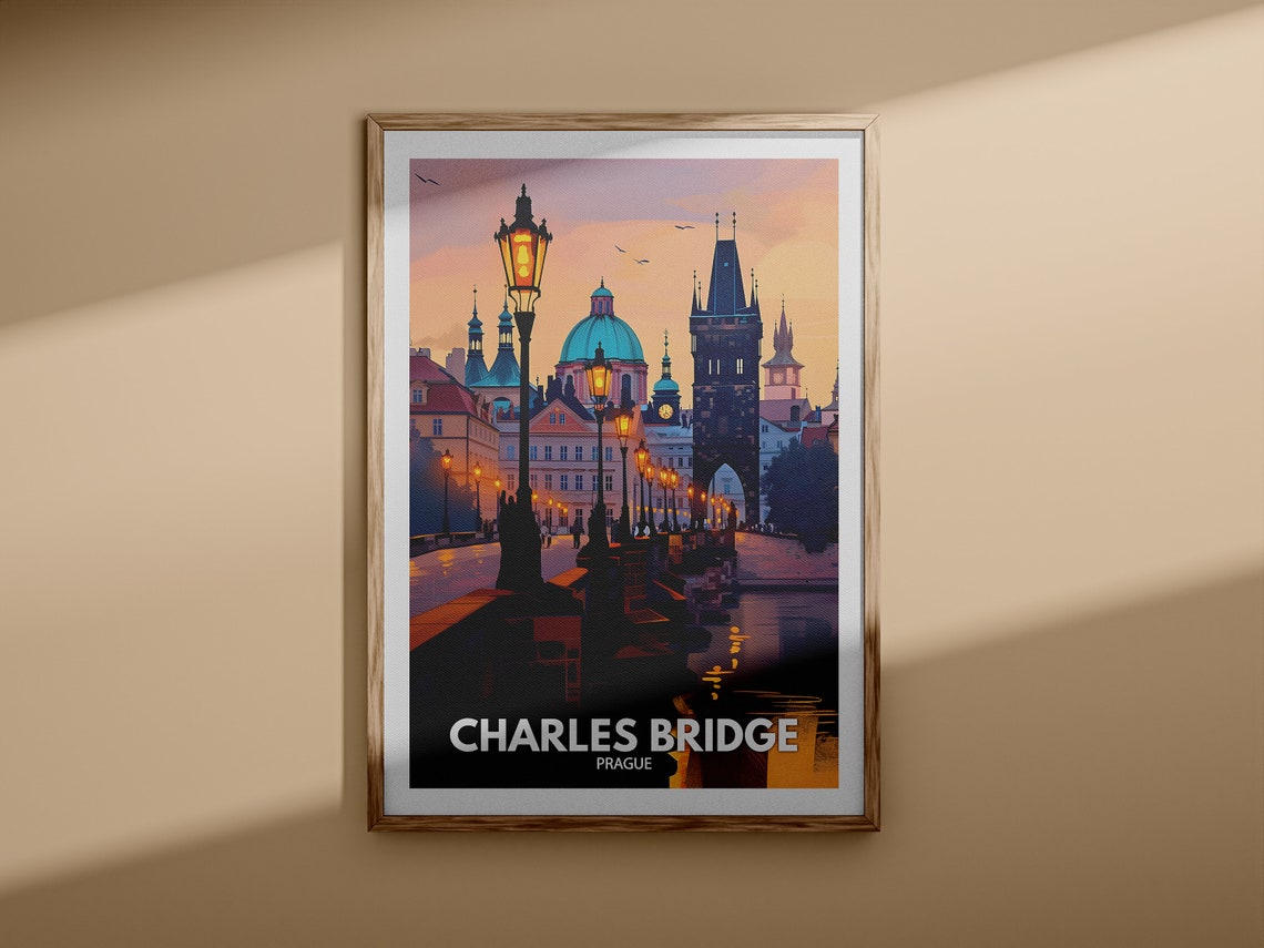 Charles Bridge Prague Sunset Old Town Lamp Vintage Travel Poster - Image 3