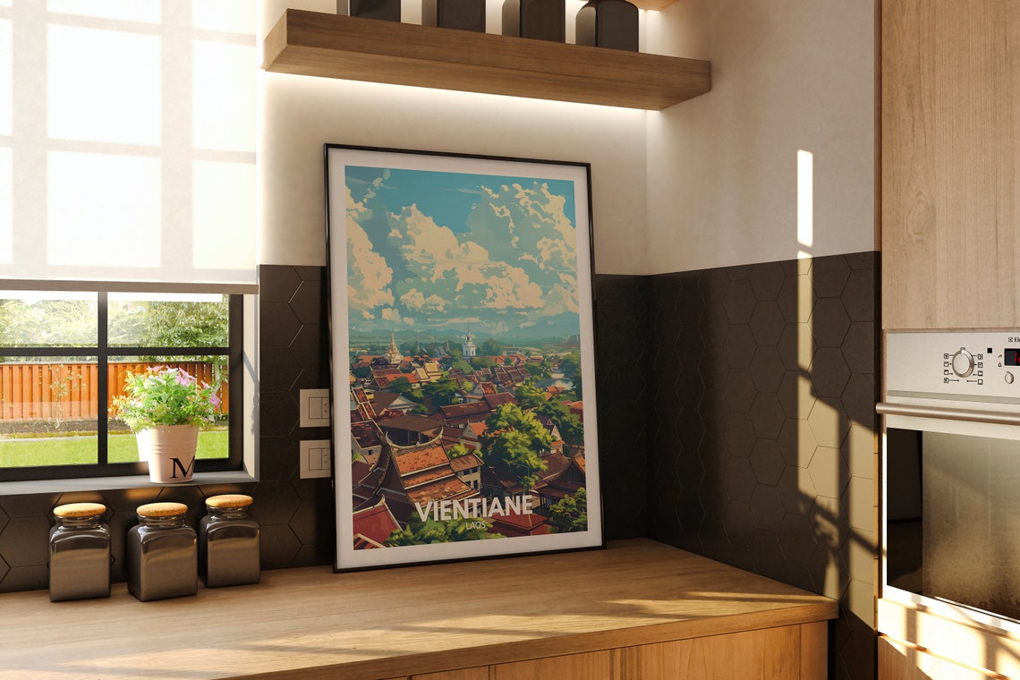 Vientiane Laos Travel Poster Temple Rooftops Dramatic Clouds Cityscape - Image 2