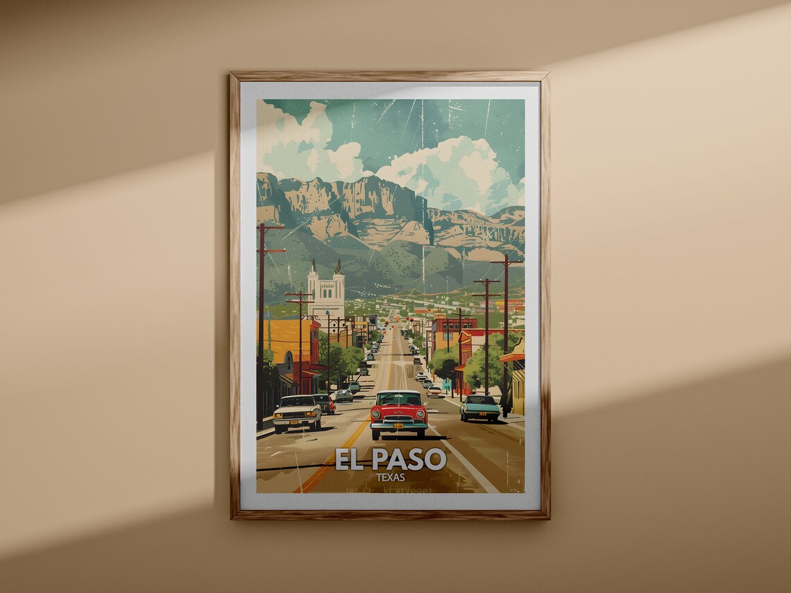 El Paso Texas Downtown Street Classic Cars Mountain Travel Poster - Image 3