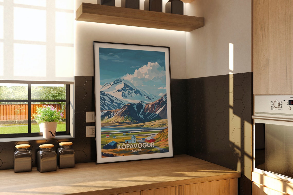 Kopavogur Iceland Snowy Mountain Village Scenic Travel Poster - Image 2