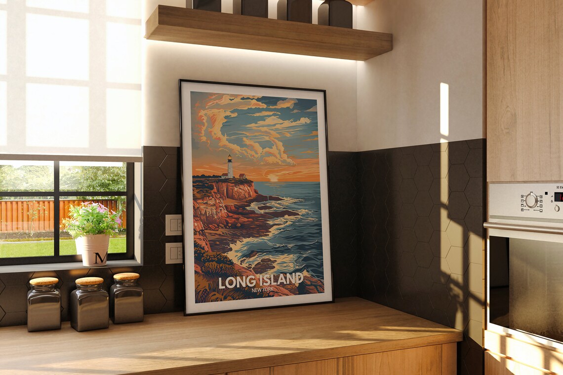 Long Island New York Lighthouse Rocky Coast Sunset Travel Poster - Image 2