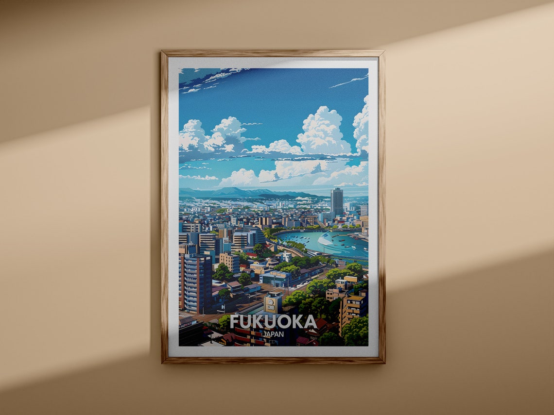 Fukuoka Japan Anime Style Skyline Harbor Dramatic Clouds Poster - Image 3
