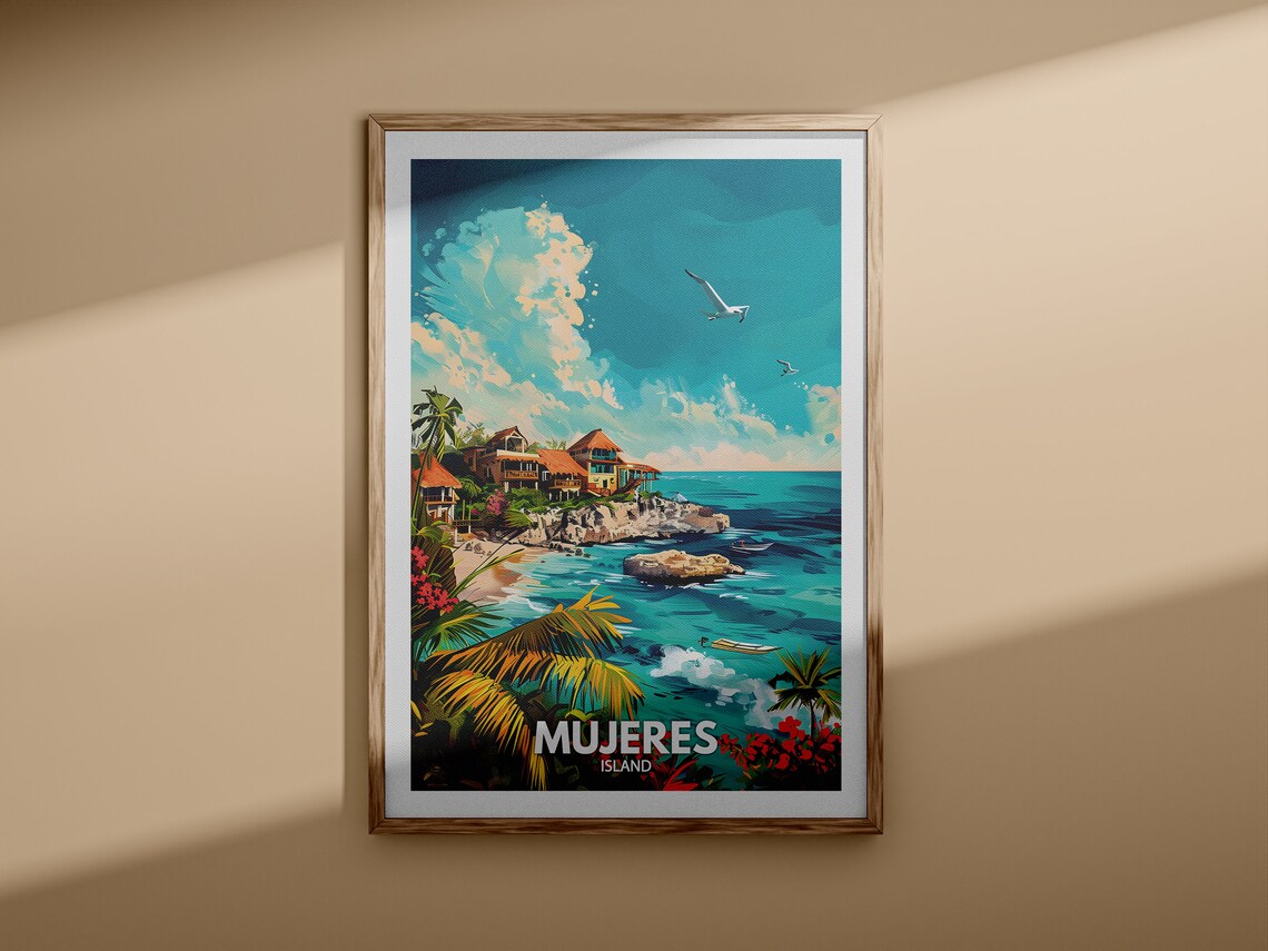 Mujeres Island Tropical Cliffside Resort Turquoise Sea Beach Travel Poster - Image 3