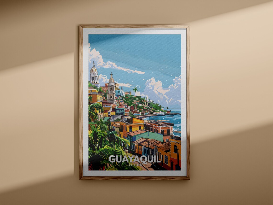 Guayaquil Ecuador Travel Poster Colorful Coastal City Churches Hillside - Image 3