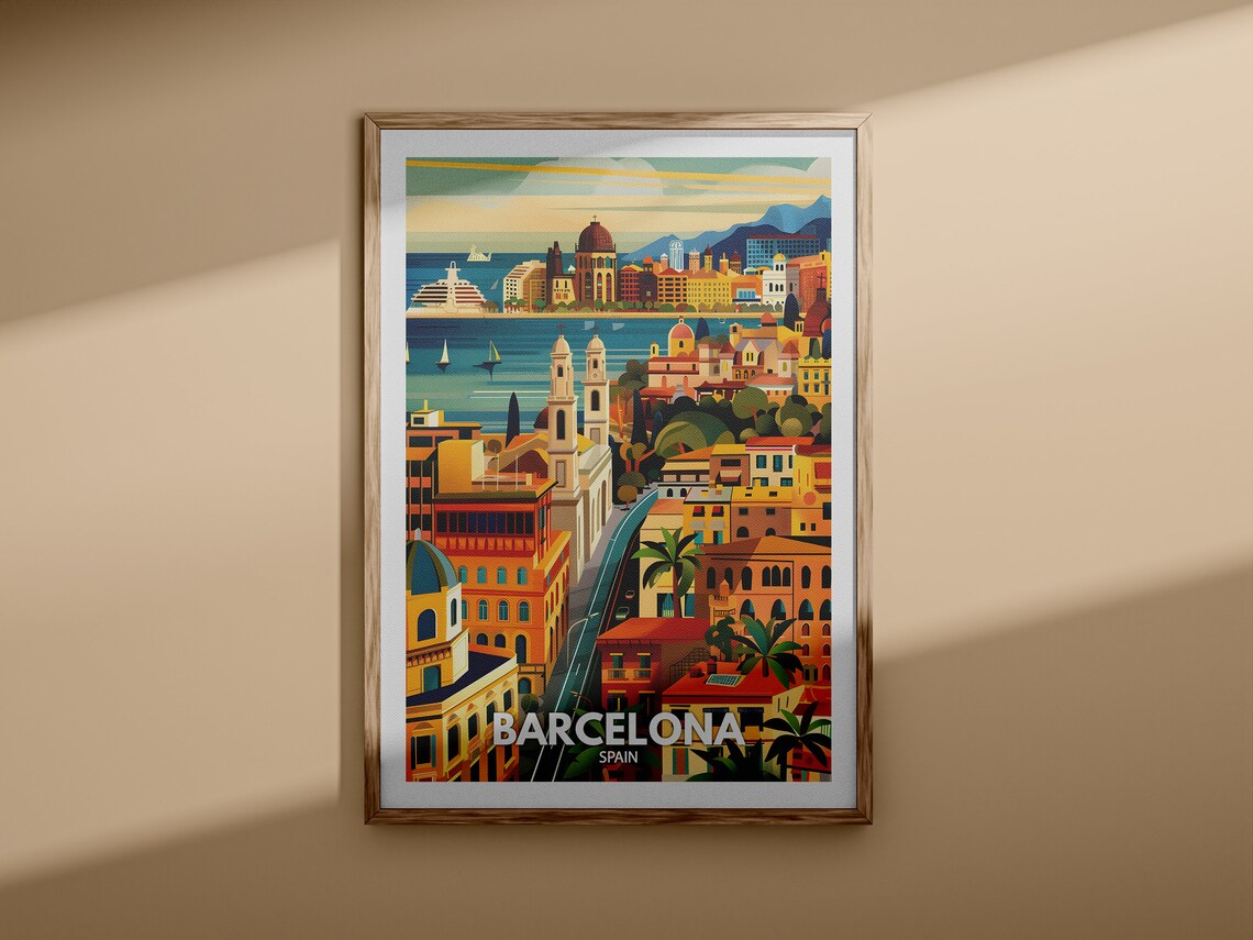 Barcelona Spain Colorful Harbor Cityscape Art Illustration Travel Poster - Image 3