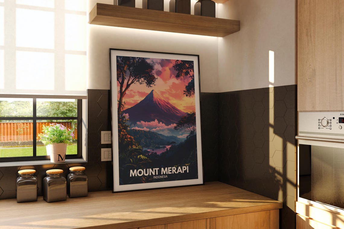Mount Merapi Indonesia Volcano Sunset Vintage Travel Poster Art View - Image 2