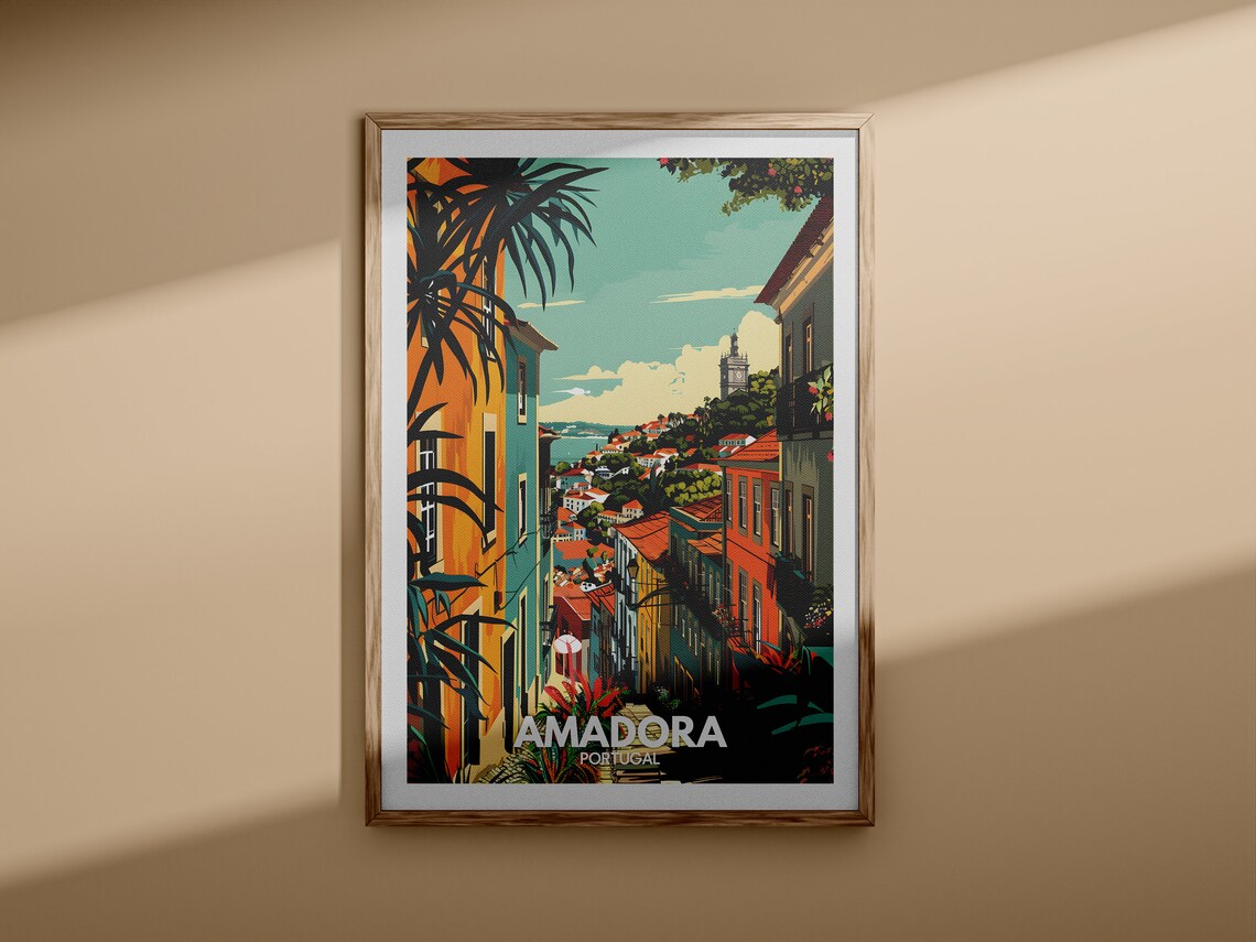 Amadora Portugal Old Town Hillside Church Vintage Travel Poster - Image 3
