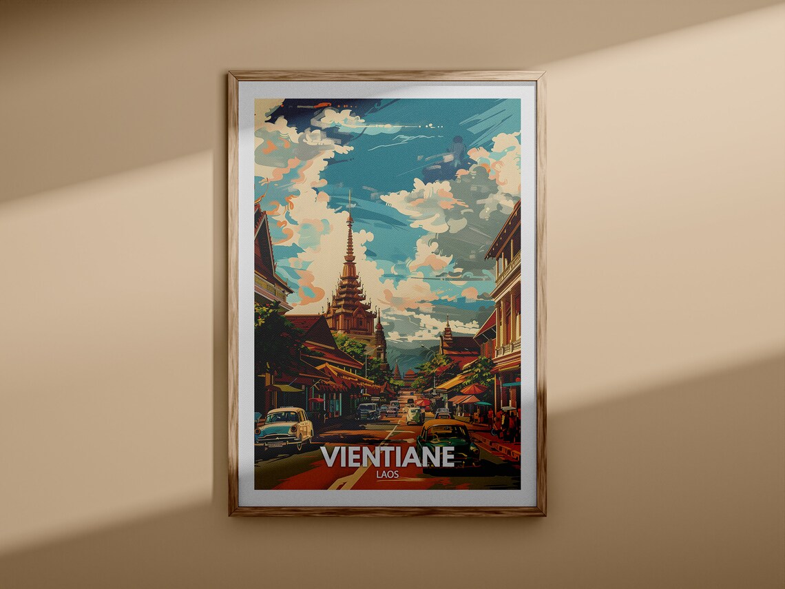 Vientiane Laos Golden Temple Spire Street Retro Travel Poster - Image 3