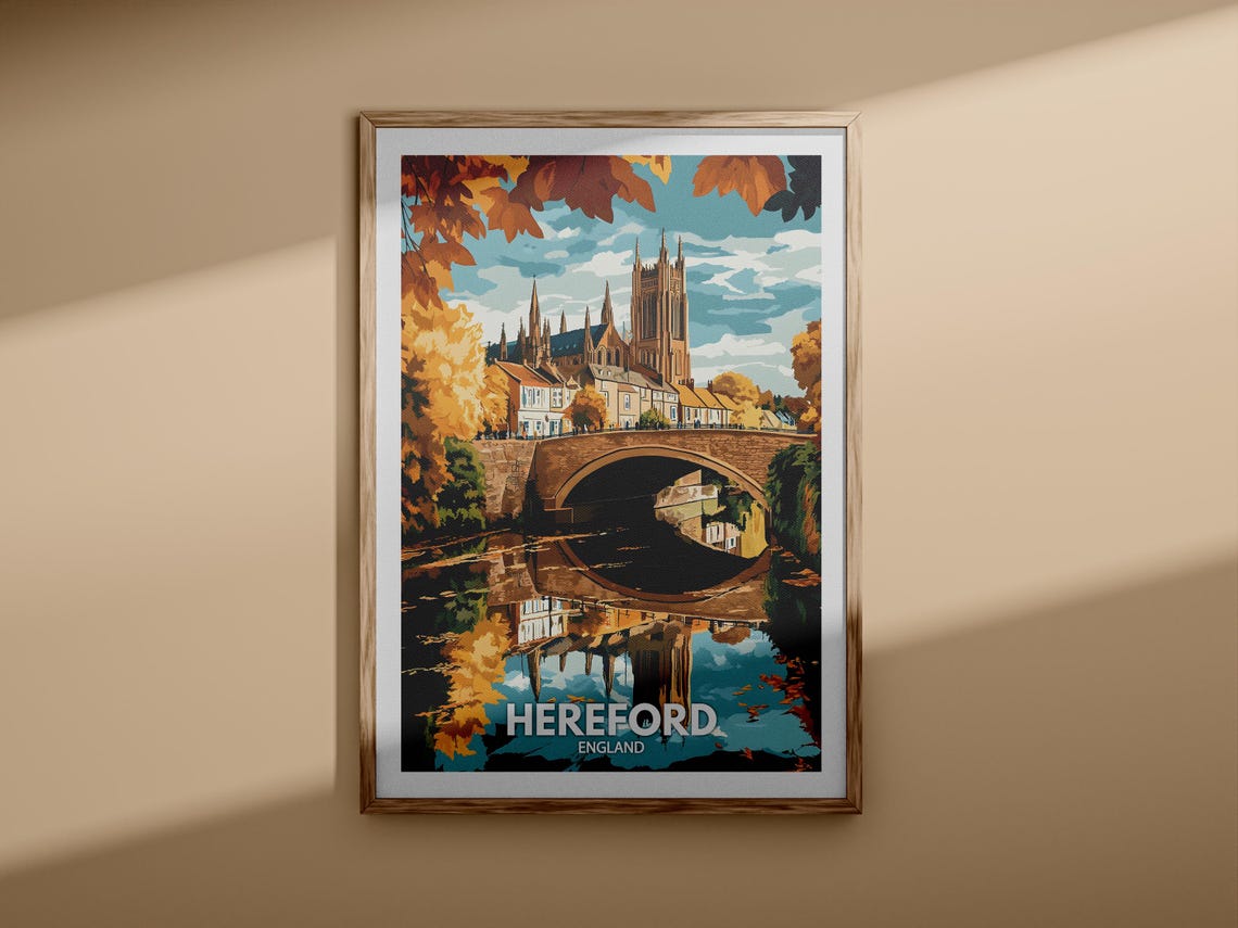 Hereford Cathedral Bridge Autumn River England Travel Poster - Image 3