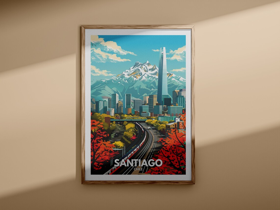Santiago Chile Snowcapped Andes Skyline Train Vintage Travel Poster - Image 3
