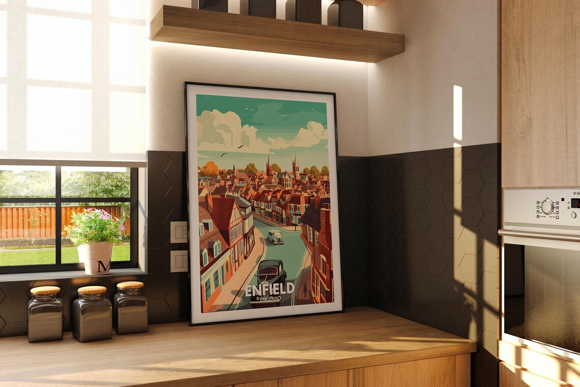 Enfield England Tudor Street Curve with Classic Cars Travel Poster - Image 2