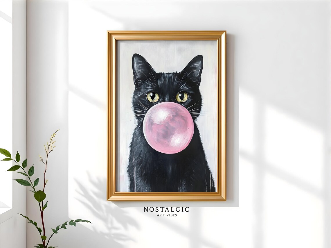 Black Cat Pink Bubble Gum, Funny Cat Art Print - Image 3