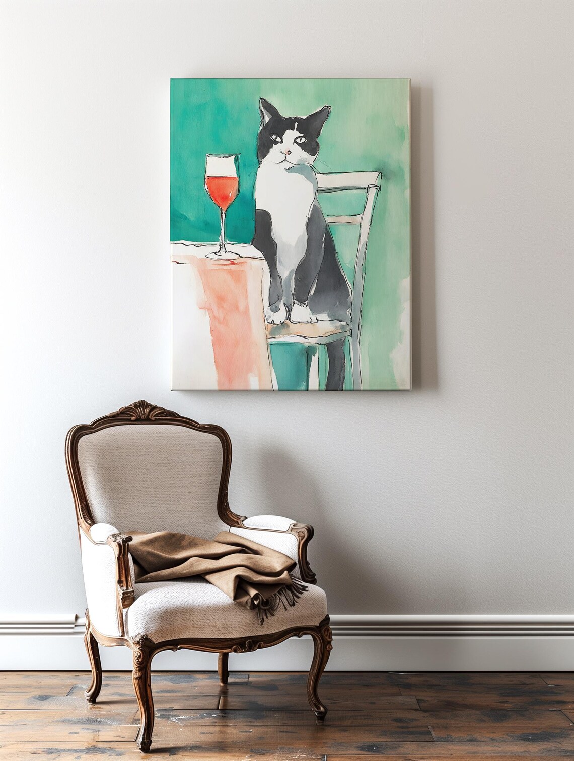 Black And White Cat Portrait, Watercolor Kitchen Poster - Image 2