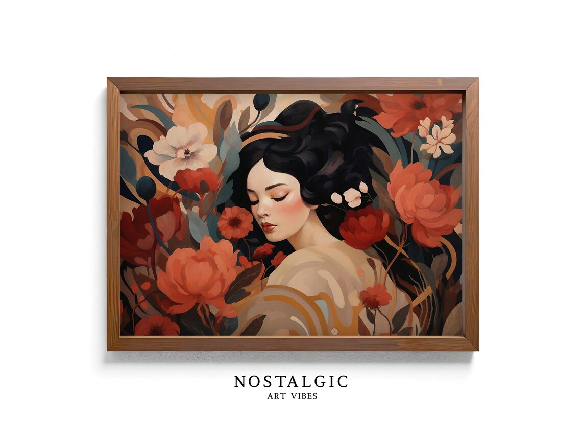 Woman Sleeping Among Red Peonies Romantic Dreamy Floral Art Poster