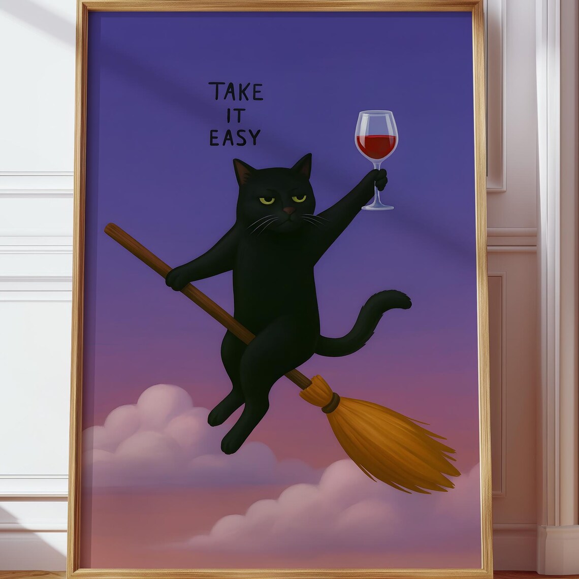 Take It Easy Black Cat Witch Broomstick Wine Glass Halloween Poster