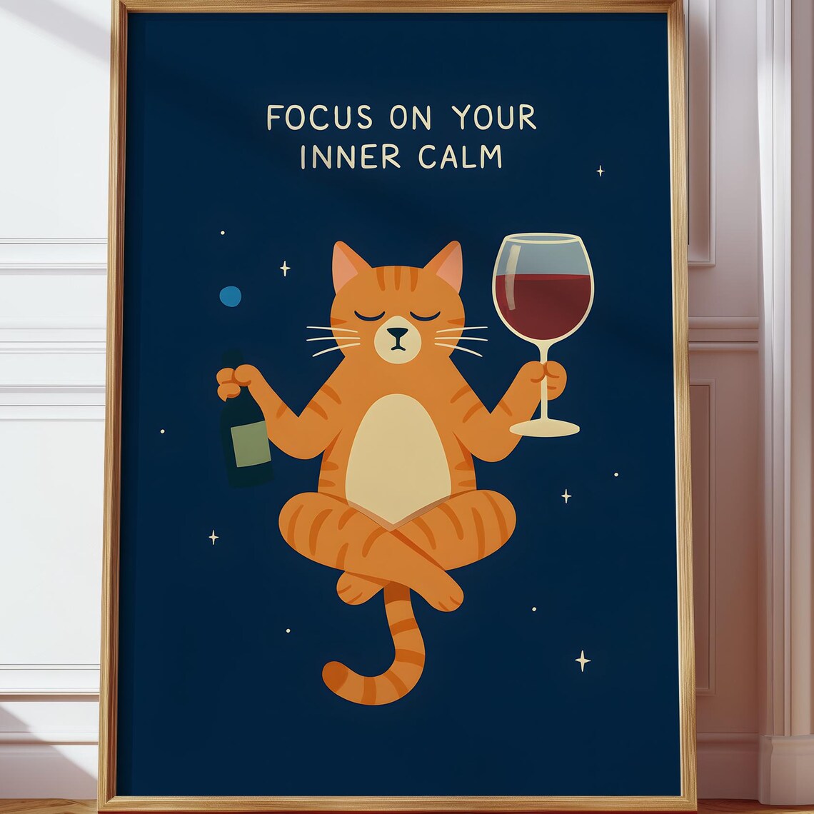 Focus on Your Inner Calm Funny Meditating Orange Cat Wine Poster