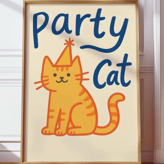 Party Cat Funny Orange Wall Art Celebration Minimalist Decor Playful Kids Room Print