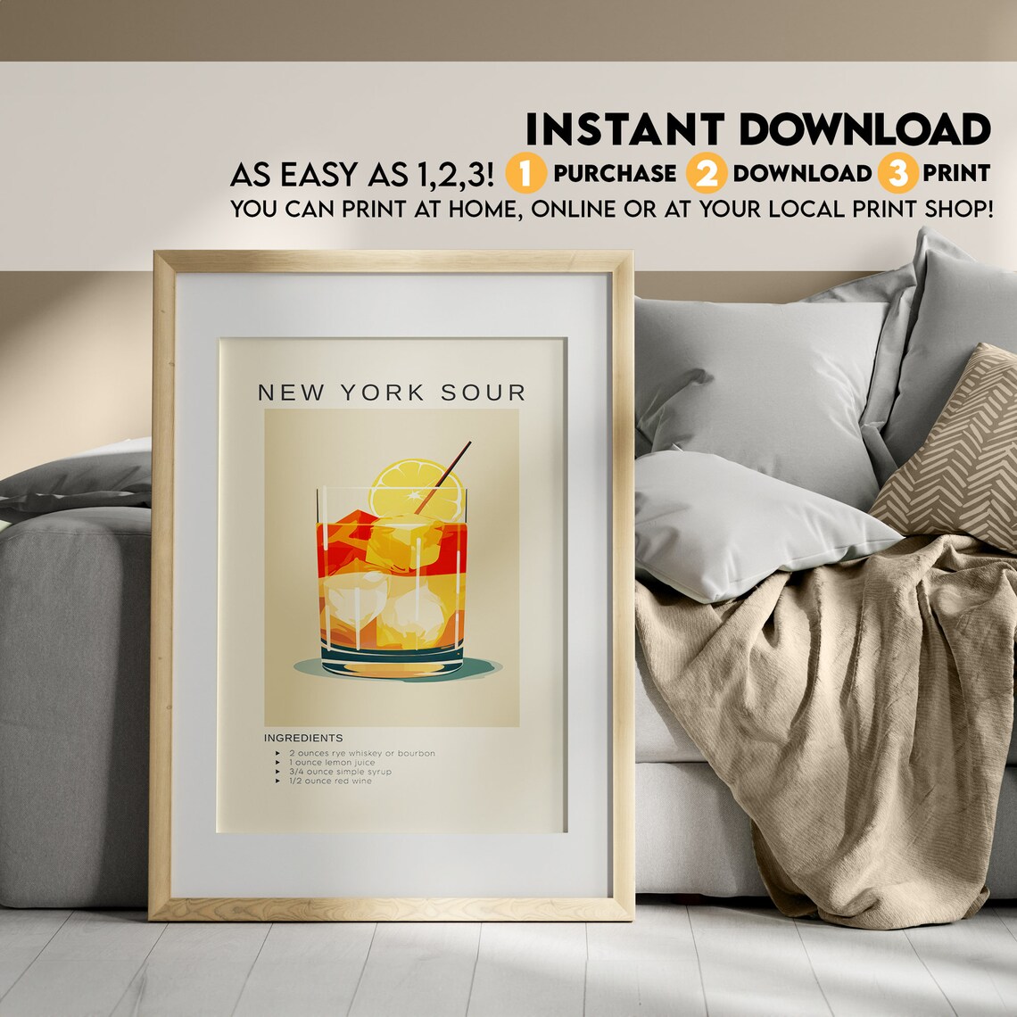 New York Sour Whiskey Red Wine Cocktail Recipe Bar Cart Poster - Image 3