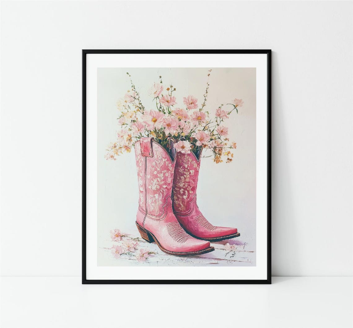 Trendy Illustration Of Colorful Cowgirl Boots With Flowers Print Cowgirl Prints Coquette Cowgirl Cow Girl Wall Art Trendy Decor - Image 2