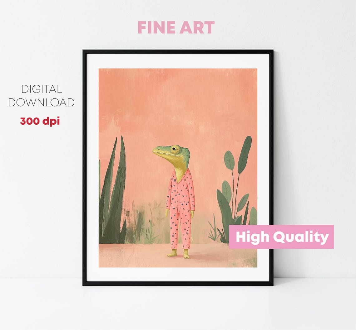 Colorful Cute Anthropomorphic Chameleon Dressed Pastel Wall Art Print Trendy Girly Watercolor Animal Trendy - Image 2