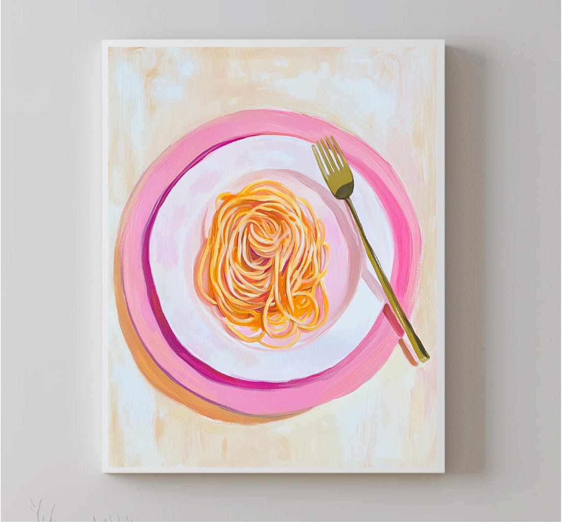 Spaghetti Pasta Nest Pink Plate Fork Pastel Italian Food Art Print - Image 4