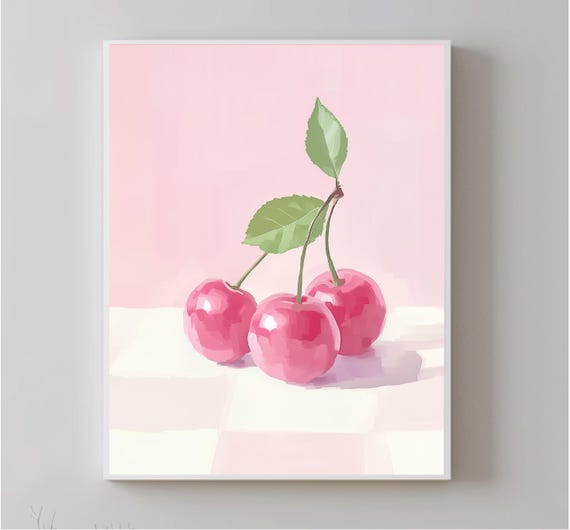 Illustration Of Vintage Style Cherry Plate Food Art Kitchen Decor Retro Design In Pastel Shades