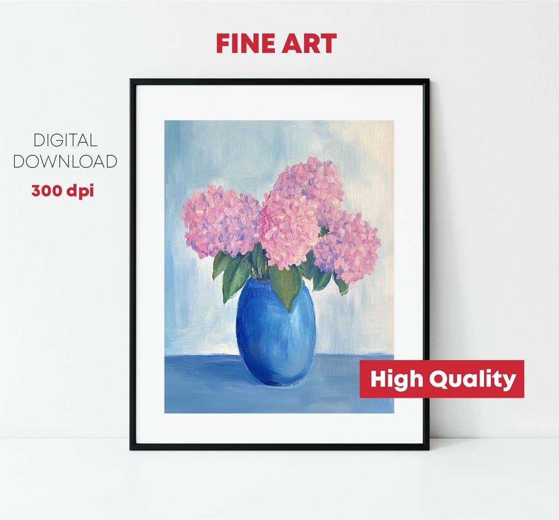 Pink Hydrangeas In Blue Vase Cheerful Floral Still Life Poster - Image 2