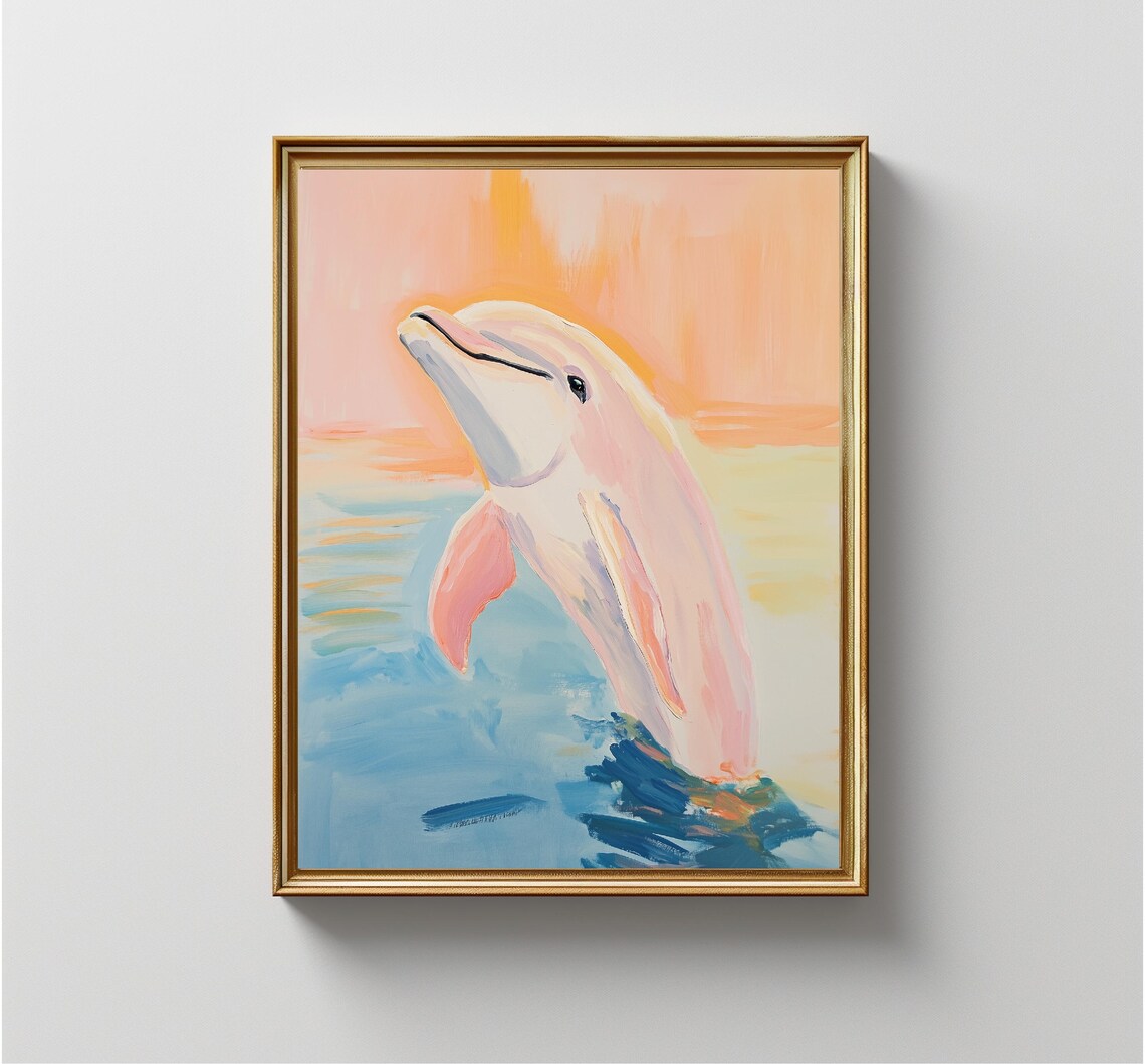 Pink Dolphin Leaping Sunset Ocean Pastel Coastal Nursery Art Print - Image 4