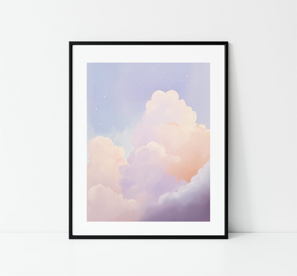 Dreamy Pastel Clouds Stars Lavender Sky Abstract Nursery Art Print - Image 3