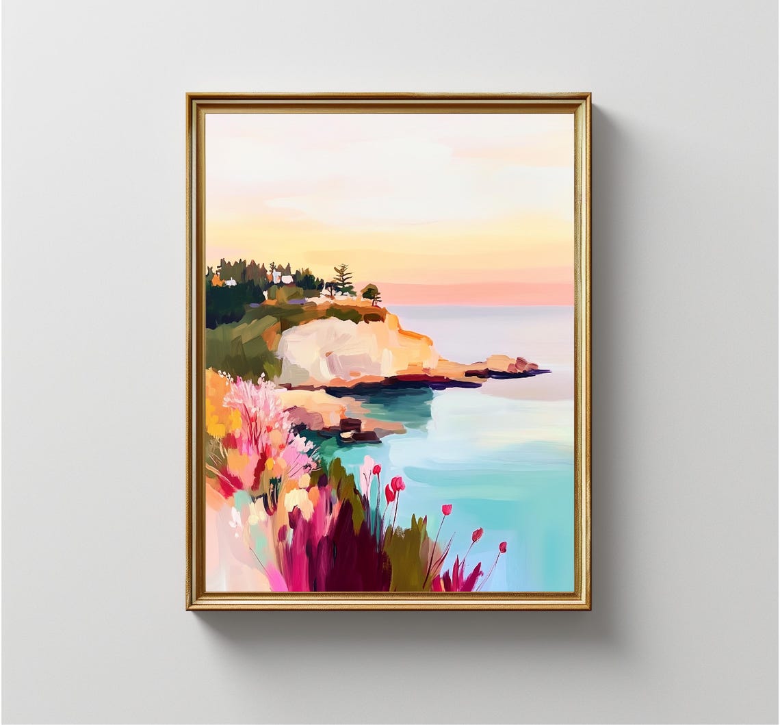 Coastal Cliff Sunset Pastel Ocean Flowers Seaside Landscape Poster - Image 4