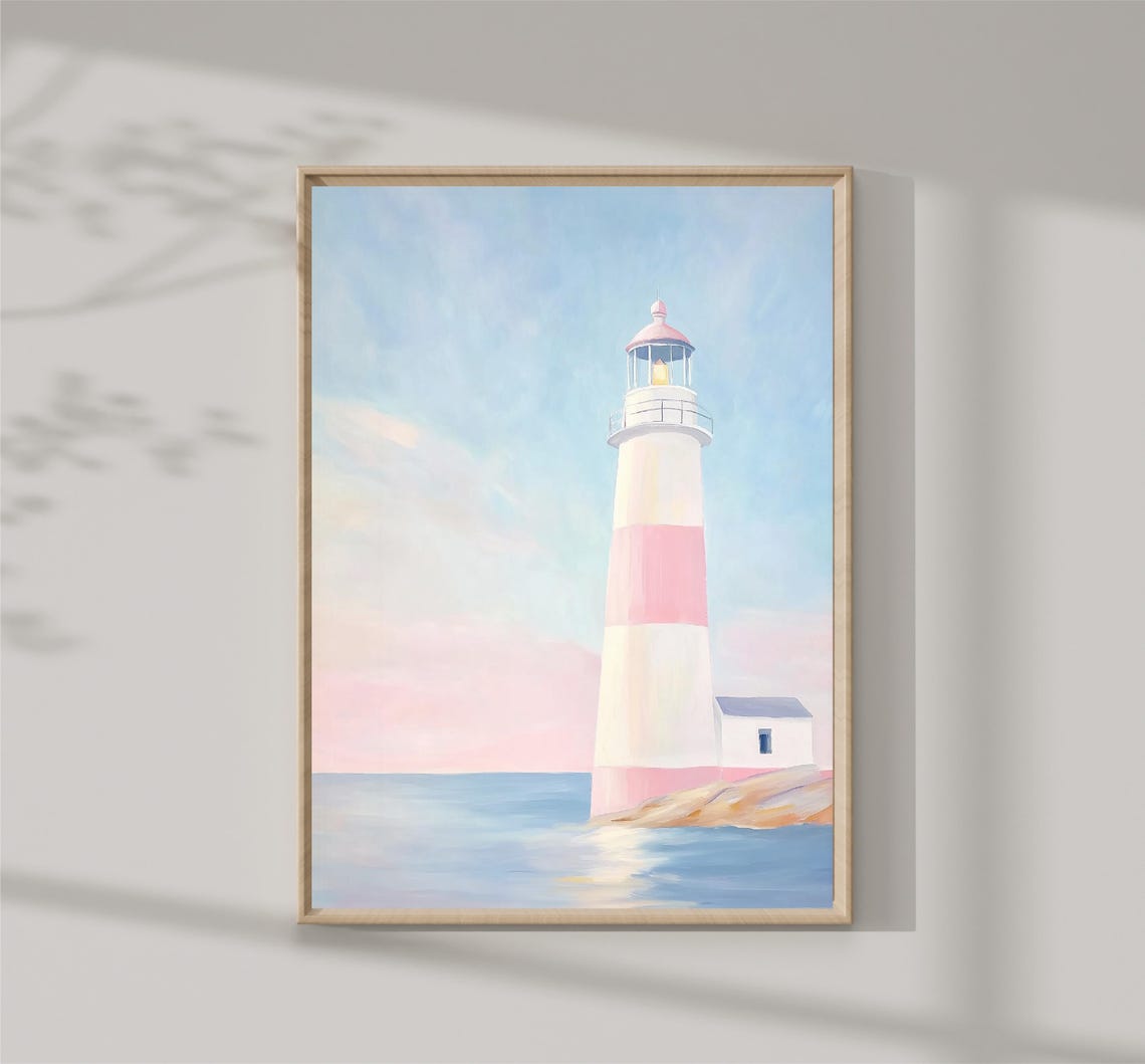 Pink And White Striped Lighthouse Rocky Shore Pastel Coastal Art Print