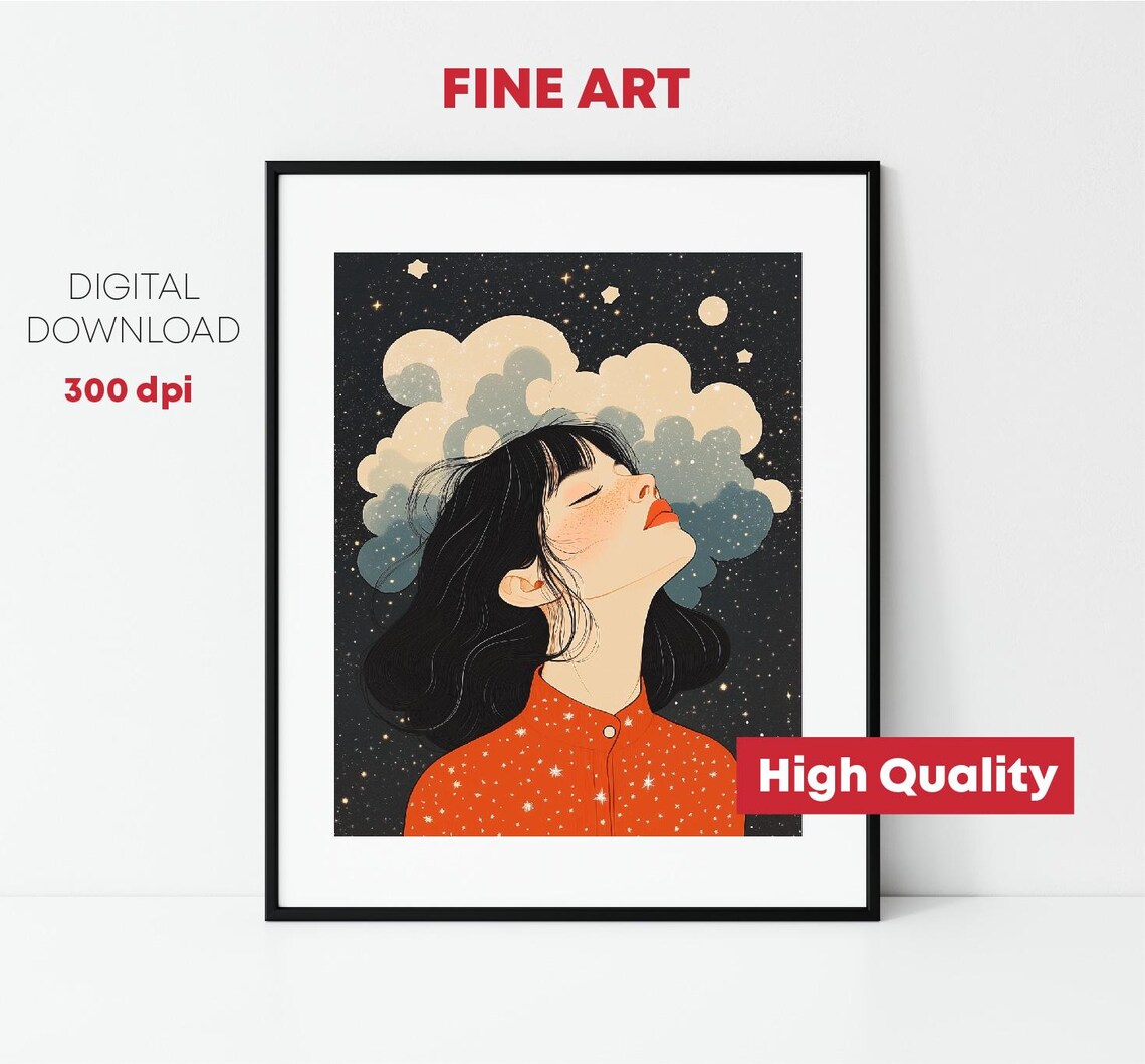 Dreamy Woman Gazing At Starry Night Sky Cloud Illustration Print - Image 2