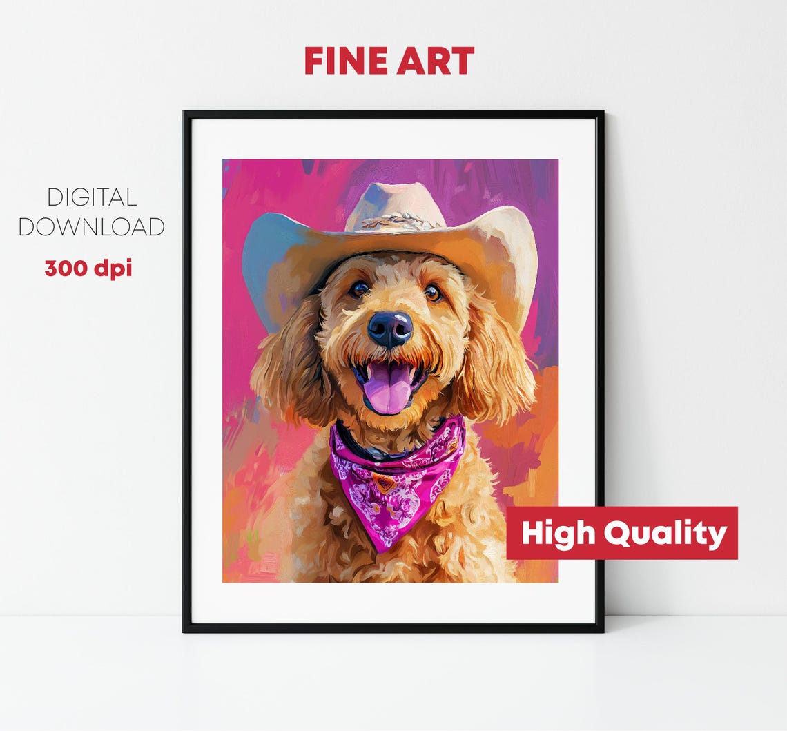 Impressionist Painting Of A Happy Golden Dog With A Cowboy Hat And Pink Bandana Around His Neck For Kids Room Decoration - Image 2