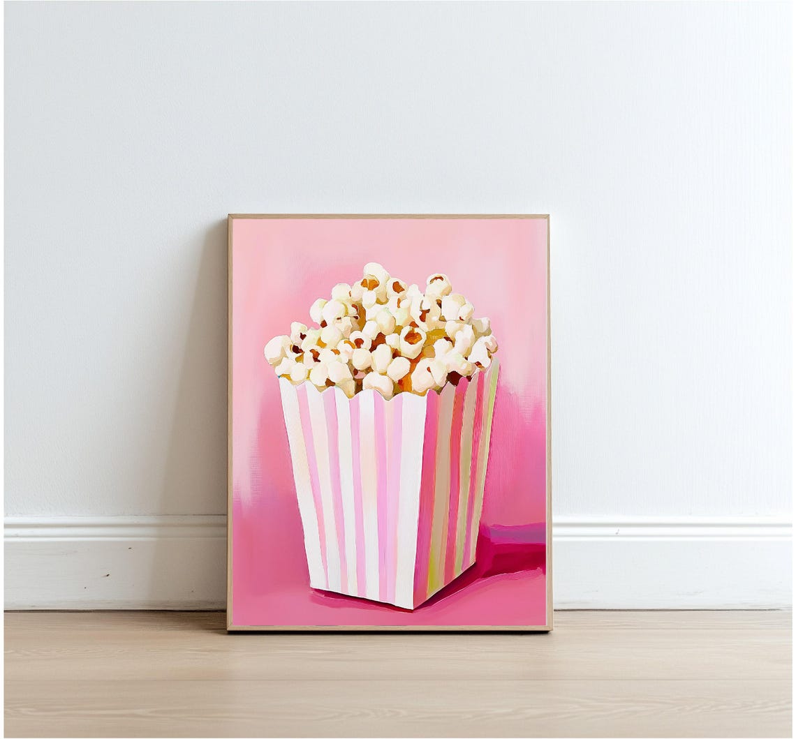 Pink Striped Popcorn Box On Pink Background Fun Snack Art Poster - Image 2