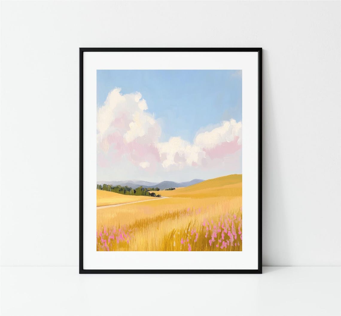 Golden Wheat Field Pink Wildflowers Clouds Countryside Landscape Print - Image 3