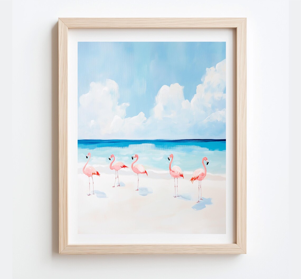 Pink Flamingos On White Sand Beach Turquoise Sea Coastal Art Poster - Image 3