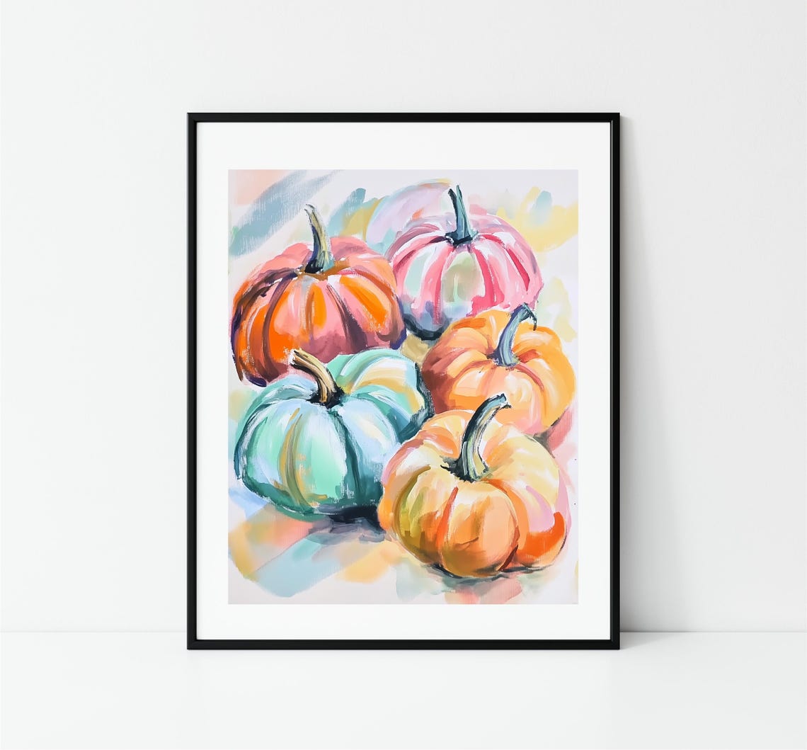 Colorful Pastel Pumpkins Cluster Fall Harvest Watercolor Print - Image 3