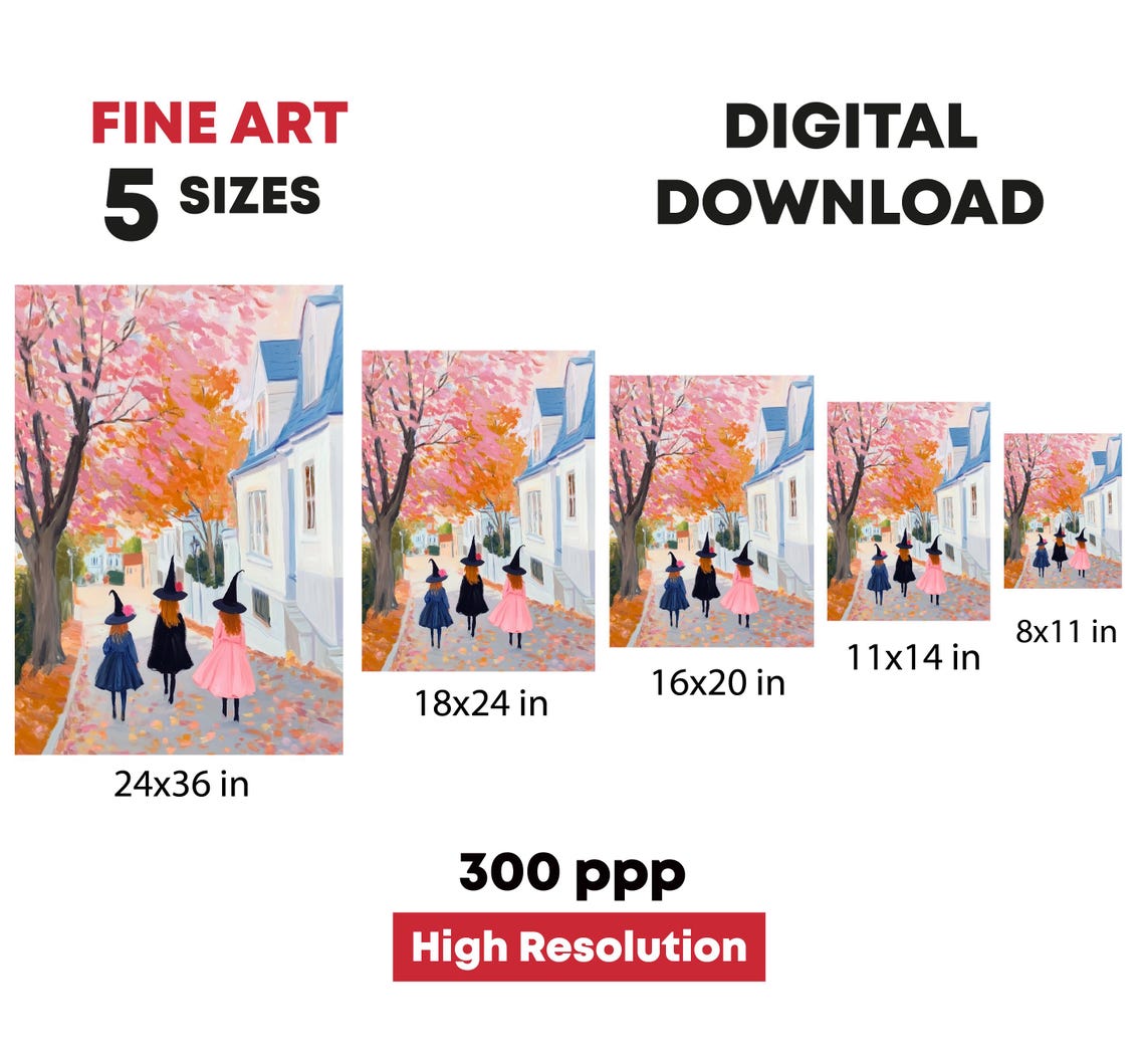 Three Little Witches Autumn Street Pink Fall Trees Halloween Print - Image 4