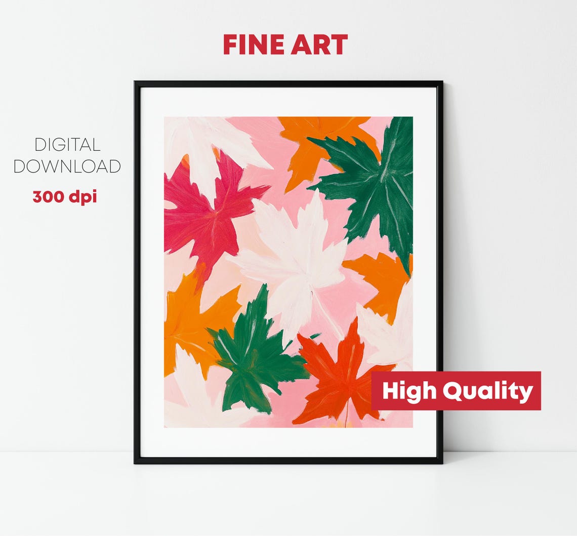 Fall Maple Leaves On Pink Background Orange Red Green Autumn Art Print - Image 2