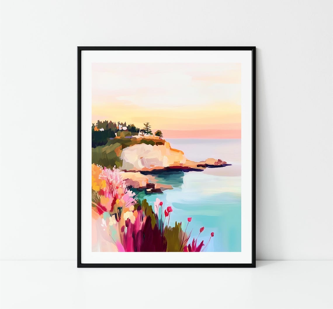 Coastal Cliff Sunset Pastel Ocean Flowers Seaside Landscape Poster - Image 3