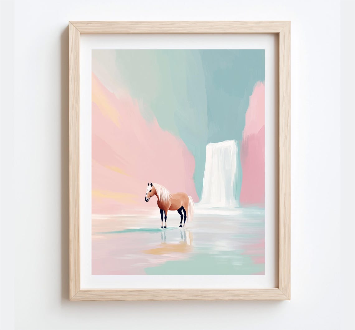 Horse Standing By Waterfall Dreamy Pastel Pink Nursery Wall Art - Image 4