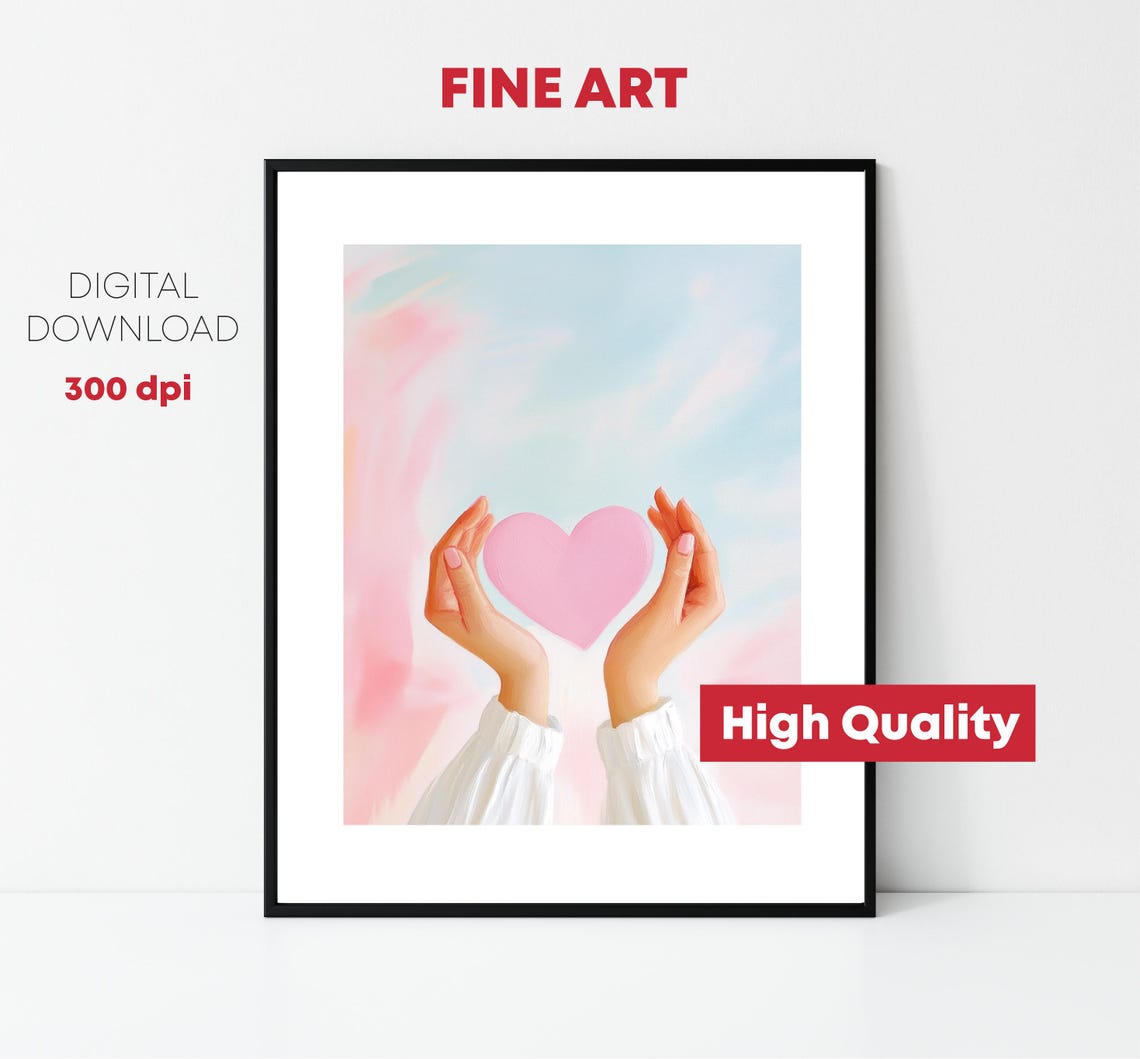 Hands Holding Pink Heart Pastel Watercolor Sky Love Wall Art Poster - Image 6