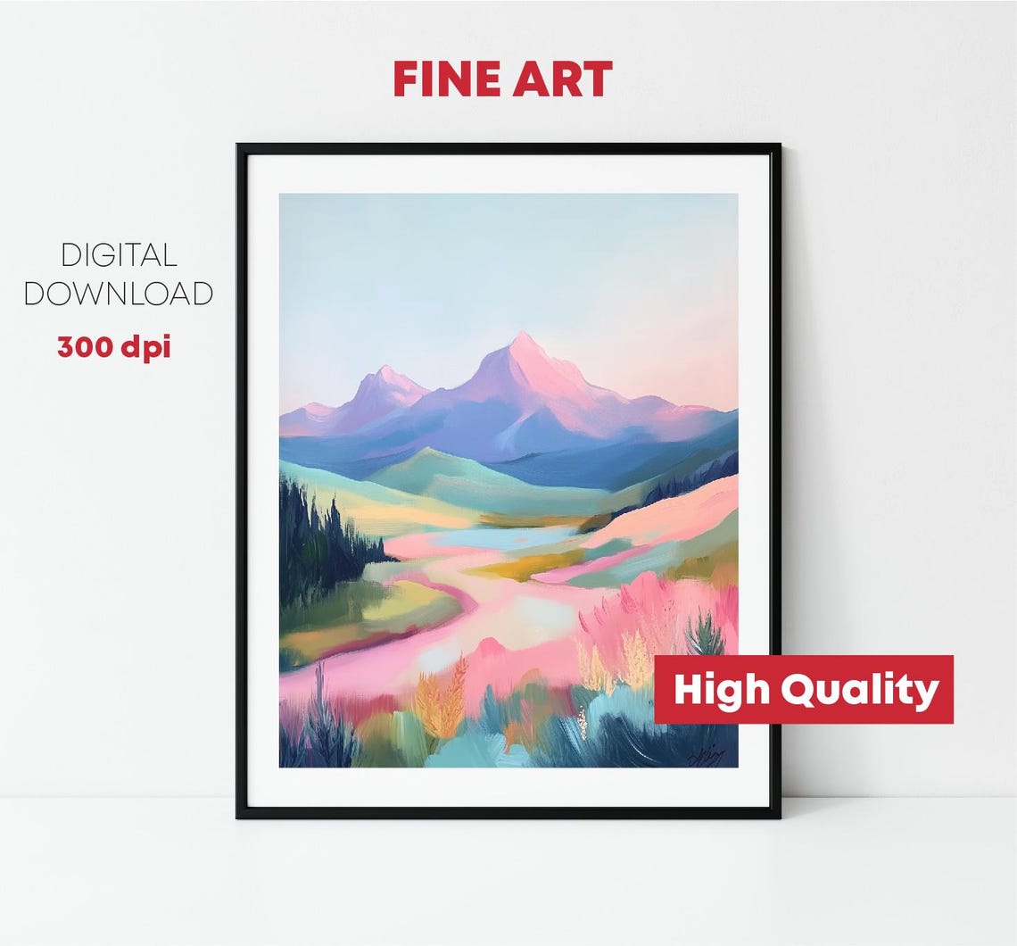 Pastel Mountain Valley Pink Peaks Winding Meadow Path Art Print - Image 2