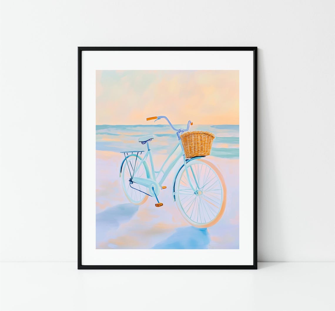 Blue Beach Cruiser Bike Wicker Basket Pastel Sunset Ocean Art Print - Image 3