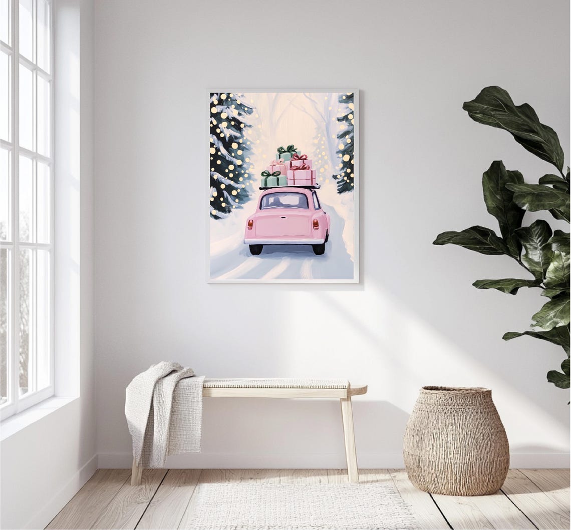 Pink Vintage Car Gifts Roof Snowy Forest Christmas Drive Poster - Image 2