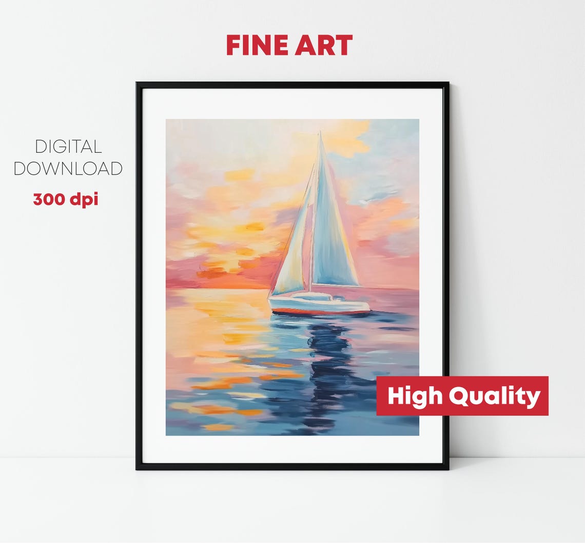 Sailboat Sunset Reflection Pink Sea Impressionist Nautical Poster - Image 2