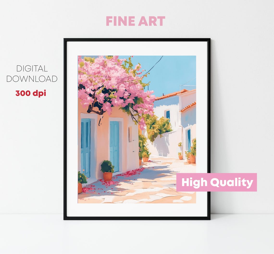 Greek Island Street Bougainvillea Bloom Blue Doors Travel Poster - Image 3